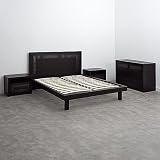 BOX FURNITURE Conjunto Dormitorio Baston Cama, 2 Mesitas y Cómoda en Madera Color wengué