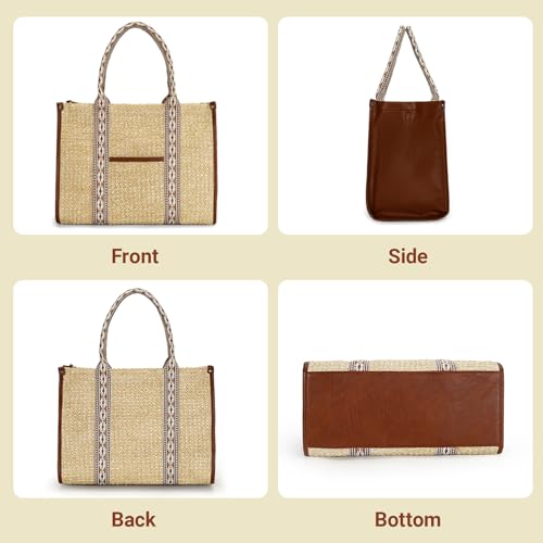 Image of Herald Straw Beach Tote Bag for Women, Summer Boho Handmade Woven Shoulder Purse Handabg with Adjustable Wide Strap