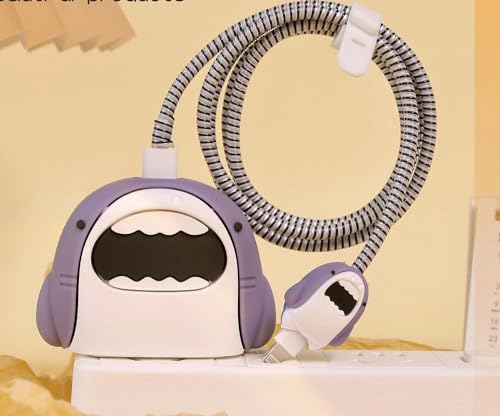 Image of Meyaar Silicone Protective Case for Apple 20W & 18W iPhone USB-C Power Adapter Charger and for USB Lightning Cable, 3D Cartoon Case for iPhone Charger 18W /20W Only (Shark (Grey))