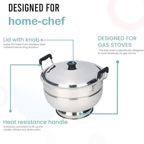 Heart Home Stainless Steel Bati Cooker & Gas Tandoor for Home Kitchen | Pizza Maker/Chicken & Paneer Tikka Barbeque Griller | Non-Induction Oven & Litti Maker on Gas | Silver