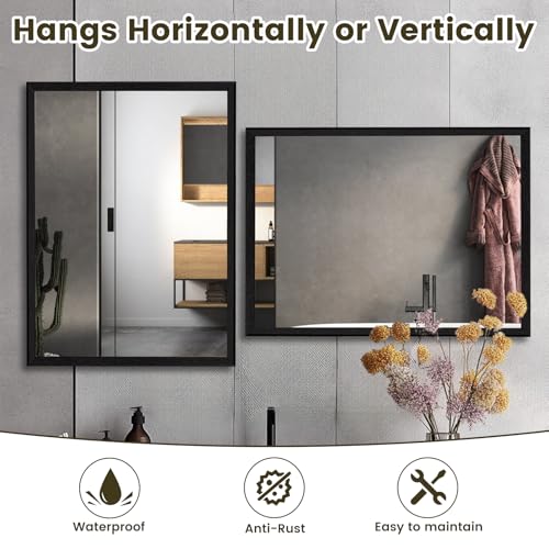 Image of WEER Black Bathroom Mirror, 56x76cm Faux Wood Frame Rectangular Wall Mirror