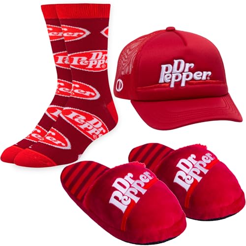 Odd Sox Dr Pepper 3-Piece Socks Hat & Slippers Bundle Size Large Mens 812 / Womens 9.513.5 Officially Licensed Soda Fan Wardrobe Gift Set Durable Knit Comfort