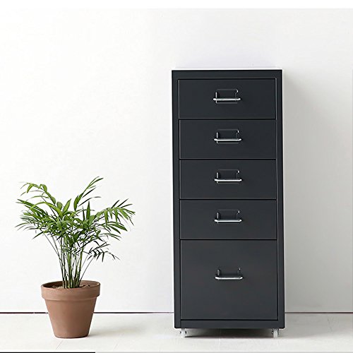 IKAYAA Archivador Cajonera de Metal Mueble para Oficina Taquilla con 5 Cajones 4 Ruedas Gris Oscuro, Armario de archivador de Metal