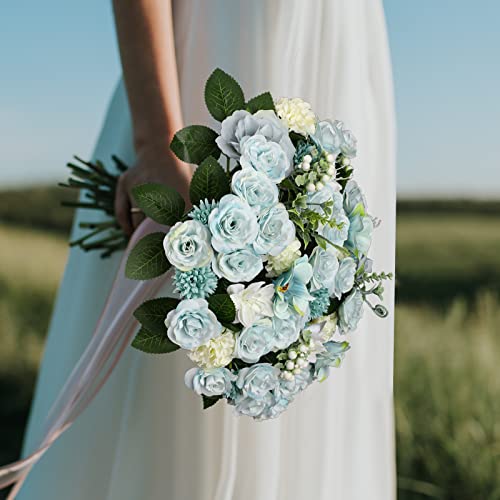 Biobviao 57Pcs Artificial Flowers Combo Box Set, Fake Flower With Leaf Stems For Diy Wedding Bouquets Cake Flowers, Floral Arrangements For Party Centerpieces Home Decor (Light Blue) #TOP2