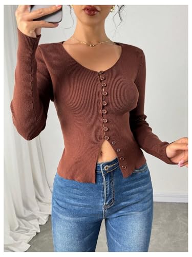 Women's Ribbed Knit Button Front Lightweight Cardigans V Neck Long Sleeve Fitted Sweater Fall Clothes3