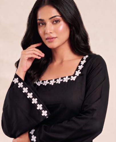 Image of MAHIRA'S Comfort Women's Short Kurti, Rayon Tunic Top with 3 /4 Embroidered Designer Sleeves | Soft Breathable Fabric | Office & Casual Kurti for Jeans, Leggings & Trousers