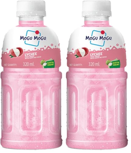 Image of Mogu Mogu Lychee Juice Drink with Nata de Coco Jelly 320ml | Refreshing Tropical Thai-Made Sip & Chew Beverage (Pack of 2)