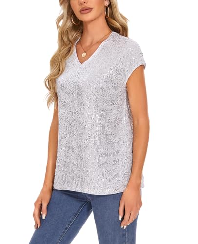 Women's Sparkly Sequin Tops Cap Sleeve Glitter Dressy Blouses V-Neck Club Party Tops4