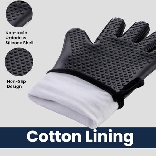 GEEKHOM BBQ Gloves Heat Resistant, 13.7 Inch Long Waterproof Silicone Oven Mitts for Grilling and Smoker, Non-Slip 5 Finger Kitchen Hot Mitts for Baking, Cooking & Cast Iron, Black