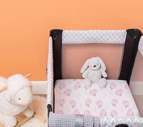 Image of TotAha Premium Stretchy Pack N Play Playard Sheets | Mini Crib Sheets (2-Pack) -Hypoallergenic, Silky Comfort, Buttery Soft, Calming Effect, All-Season Jersey-Knit (Pink Buds & Green Leaves)