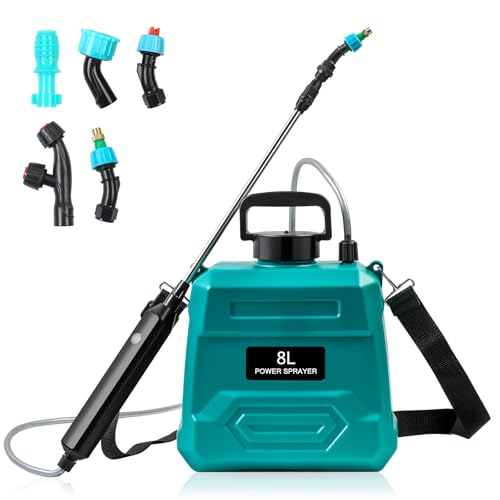 MaxAwe Pulverizador de presión con batería de 8 litros, pulverizador eléctrico para plantas con mango de carga USB, pulverizador de jardín con 5 boquillas, pulverizador trasero con varilla retráctil,