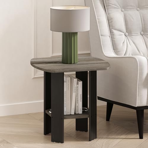 Furinno Modern Side Table, Square Round Corner End Table with Storage Shelf, Night Stand, Bedside Table, for Living Room, Bedroom, Grey Oak