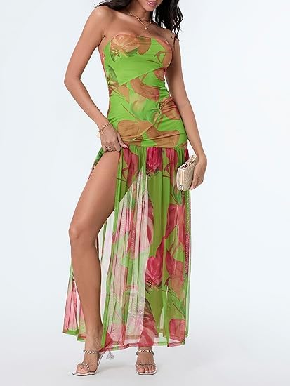 Image of Women Tube Top Dress Backless Strapless Mesh Leopard Print Side Slit Cocktail Bodycon Long Dress Party Club Dress