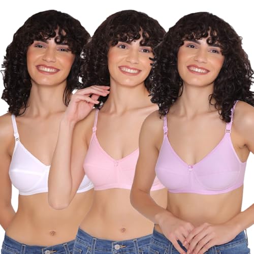 Image of INKURV Cotton Hosiery Bra for Women's Daily use, Full Coverage Bra for Regular wear, Non Padded, Non Wired Everyday Bra with Rich Cotton-Zoe Combo of 3