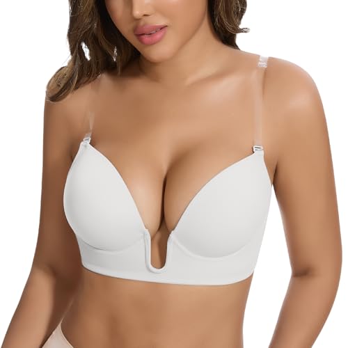 Image of JOYSHAPER Plunge Bras for Women Backless Push Up Bras Low Cut Padded Bras Shaper Convertible with Clear Straps Dress Bra