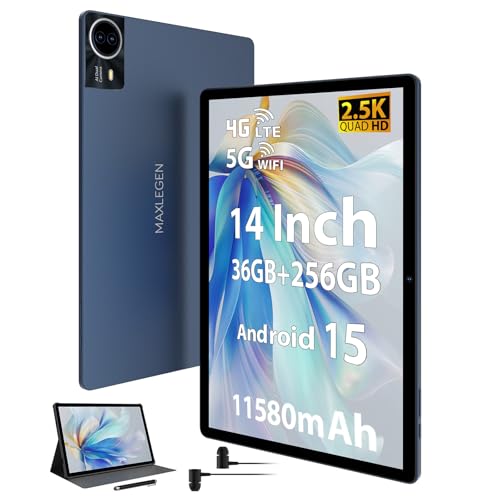MAXLEGEN Tablet 14 Zoll, 2.5K Touch Display, 36GB RAM+256GB ROM 1TB TF SIM Tablet, 4G LTE+5G WiFi, Android 15, Octa-Core, 4 Lautsprecher, 13MP, 11580mAh, GMS, GPS, inkl. Pen/Hülle/Kopfhörer