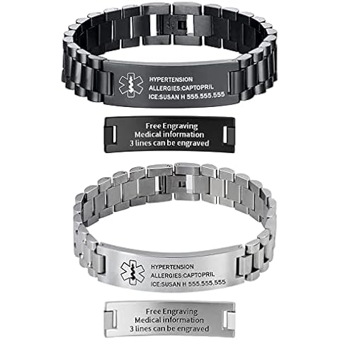 ORFAN Medical Alert Bracelet for Men Free Engraving Titanium Steel Medical Bracelet Emergency Medical ID Bracelets for Men (Black) Cover