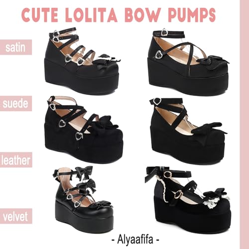 Alyaafifa Cute Lolita Mary Jane Bow Pumps for Women Platform Wedges Closed Round Toe Ankle Strap High Heel Dress Shoes Comfortable Sweet Kawaii Cosplay Prom Party2