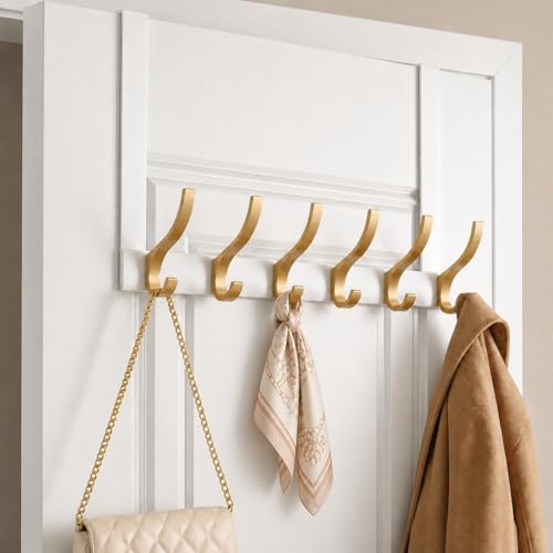Peasulin Over the Door Hook Rack 11", 6 Double Hooks, 12 Hanging Positions, Brushed Gold, with 4 Anti-Scratch Pads, Over Door Towel Coat Rack for Bathroom Bedroom Kitchen