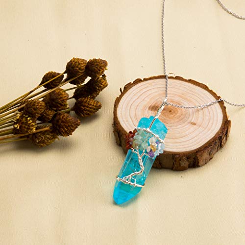 Bivei Tree of Life 7 Chakra Gemstone Copper Wire Wrap Irregular Clear Quartz Point Crystal Pendant Necklace(Silver Plated Chakra-Titanium Coated Blue)