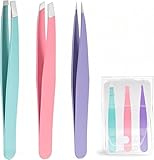 3 Stück Pinzette Set Edelstahl, Farbig Wimpern Pinzetten Set, Pinzette Augenbrauen Zupfen, Gerade Schräge Pinzetten Spitz, Zupfpinzette Splitterpinzette Spitzpinzette für Frauen und Männer