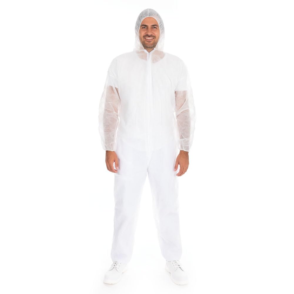 FRANZ MENSCH 100 Stück Hygonorm Overalls Eco mit Kapuze | PP, white, 4XL, L: 190cm, Umfang: 160cm, Box, Einweg Overall mit Kapuze, Chemikalienschutz, Schutzkleidung für Industrie