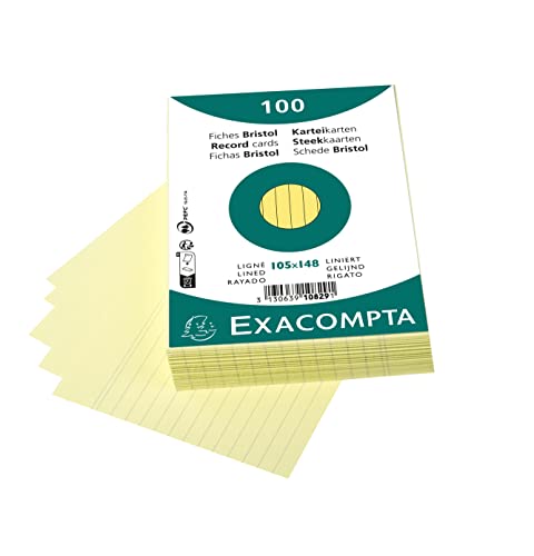 Exacompta - 10829SE - Paquete de 100 fichas de cartulina rayadas sin perforar - en film - compatibles con impresoras inkjet, láser y fotocopiadoras - formato 105 x 148 mm - color amarillo