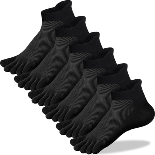QUPOLPOL Men’s Black Five Toe Socks – Breathable Cotton Ankle Anti-Blister Athletic Five Finger Socks for Running, Gym, Hiking, AU Size 6-10 (6 Pairs)