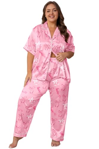 Image of Vozanet Women's Button Down Satin Pajama Sets Silky Short Sleeve Top & Pants Plus Size Loungewear Classic Sleepwear XL to 5XL