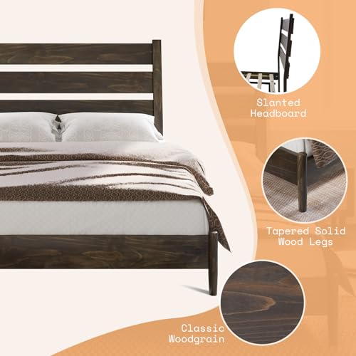 AMERLIFE Full-Size Mid-Century Solid Wood Bed Frame with Reclining Slatted Headboard, No Box Spring Needed, Noise-Free, Dark Brown