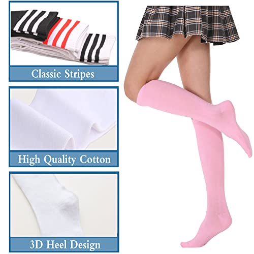 Image of DOOVID Casual Knee High Socks for Women Tube Socks Elasticity Athletic Socks Thin Stripe Knee High Stockings