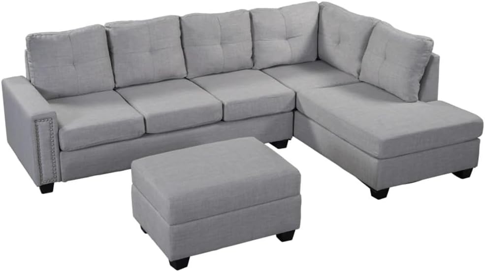 L-Shape Sectional Sofa,Reversible Sectional Sofa with Storage Ottoman Rivet Ornament, for Large Space Dorm Apartment