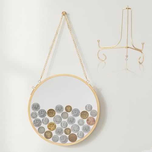 Ebrima Gold Glass Frame for Coin Display, Wall Hanging Coin Collecting Holders, Currency Dollar Bill Collection Supplies Holders for Collectors, Glass Piggy Bank (Round with bracket)