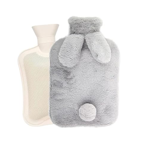 Bolsa de Agua Caliente,2L Bolsa De Agua Caliente Con Funda,lindo, orejas de conejo,Botellas de Agua Caliente con Suave Felpa Funda para proporcionar calor(Gris Claro)