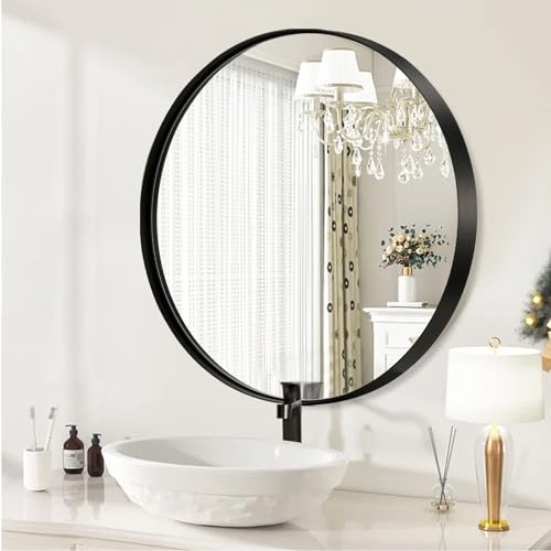 JENBELY Espejo redondo de 36 pulgadas, espejo de baño redondo negro, espejo de tocador circular con marco de metal cepillado de alta calidad, espejo circular para baño, dormitorio, entradas
