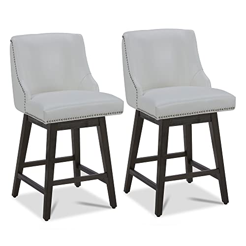 Chita Counter Height Swivel Barstools, 26" H Seat Height Upholstered Bar Stools Set Of 2, Faux Leather In White #TOP5