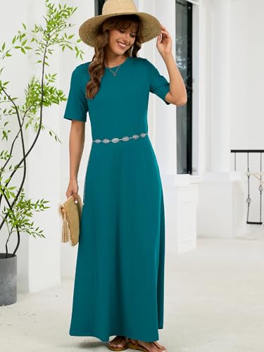 KORSIS Dresses for Women Short Sleeve Casual Summer Lake Blue M Long T-Shirt Maxi Dress Loose Beach Vacation Sundress with Pockets — view 2