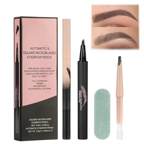 Microblading Eyebrow Pen, Eye brow Pencil Kit with Solid and Liquid Brow Pencil, Long-Lasting Brow Pencil with Refill & Spoolie Brush Smudge Proof & Waterproof brow Pens for Natural Makeup(Brown)