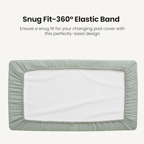 Image of Konssy Waterproof Muslin Changing Pad Cover 2 Pack, Quilted Cotton Fitted Diaper Changing Table Cover, Soft Changing Pad Sheets for Girls Boys (Leafy,Green)