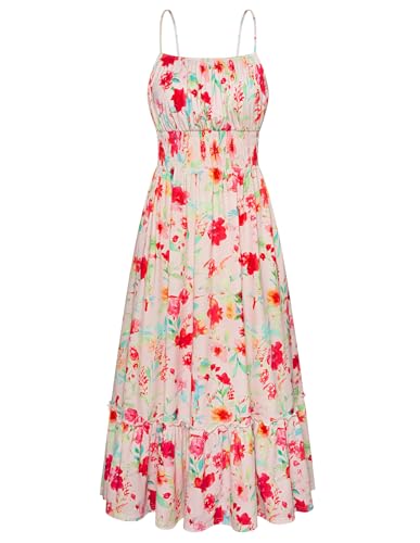 Image of GRACE KARIN Summer Dresses for Women 2026 Vacation,Smocked Floral Maxi Dresses,Boho Beach Long Sundress Red White Floral S