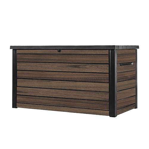 Keter Signature Ontario 870L Outdoor Storage Box – Rosewood | Weather‑Resistant Wood‑Look Storage Box with Lockable Lid, Extra Seating for 2, UV‑Protected Garden Storage