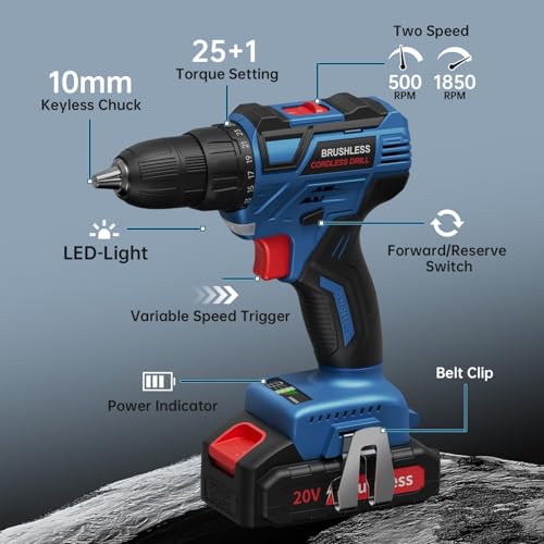20V Brushless Akku Bohrschrauber, 25+1 Akkuschrauber 60Nm Max, Akku Bohrmaschine mit 2 Akkus, 2 Geschwindigkeiten, LED, Akku Schlagbohrschrauber 25 Zubehör für Heimprojekte – Bild 8