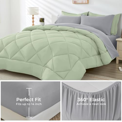 HEVUMYI Cali-King Comforter Set - 7-Piece All Season Bed in a Bag Cali-King, Ultra Soft Bedding Set with Comforter, Flat Sheet, Fitted Sheet, Pillowcases, Pillow Shams, Sage Green & Light Grey
