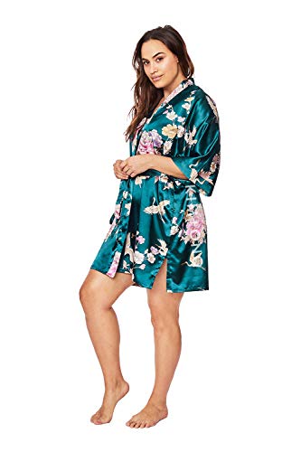KIM+ONO Plus Size Women's Satin Kimono Robe Short - Floral - Chrysanthemum & Crane - Peacock (Blue)