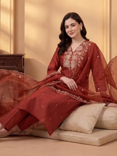Image of INDO ERA Women's Silk Blend Floral Embroidered Thread Work Kurta & Pant with Dupatta Set (IEBBAI438)