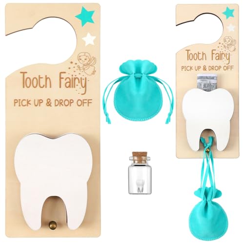Image of DoubleFill Fairy Tooth Gift Holder Bag Door Hanger Lost Teeth Keepsake Box Tooth Fairy Kit Stores Back to School Gift for Lost Teeth Boy Girl Primary School Classroom Gifts(Classic,Lake Blue)