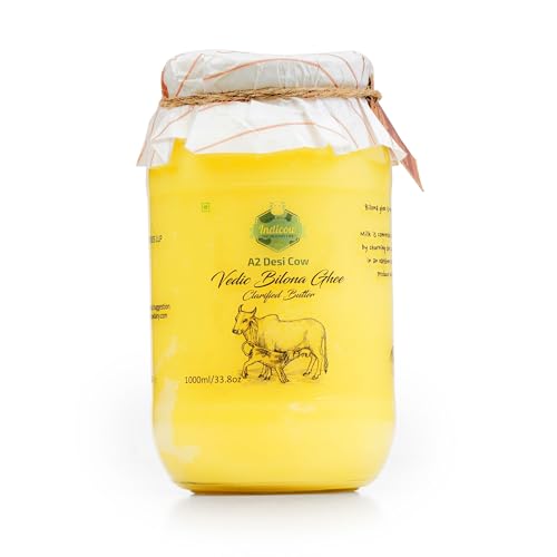 Indicow A2 Desi Cow Ghee, Clarified Butter | Grass Fed Cows | (1000ML(33.8oz), A2 Cow Ghee (Sahiwal Cows)) | Clarified Butter Fat, Keto, Paleo, Lactose Free, Casein Free, Non-GMO |a2 ghee organic