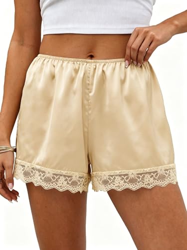 Bluetime Women Satin Lace Shorts Elastic Waist Mini Shorts Casual Lounge Pajama Shorts for Daily Wear Apricot Medium