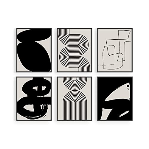 HAUS AND HUES Black Abstract Painting Aesthetic - Set of 6, Modern Abstract, Black and Gray, One Line Abstract Art, Geometric Print, Minimalist wall art (8" x 10", UNFRAMED)