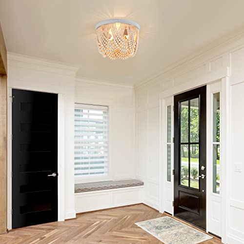 Mhytogn Wood Beaded Chandelier, Oak White Boho Farmhouse Light Fixture, Semi Flush Mount Ceiling Light Fixtures For Hallway Baby's Nursery Girl’s Room Bedroom Kitchen 3-Light E26 #TOP5